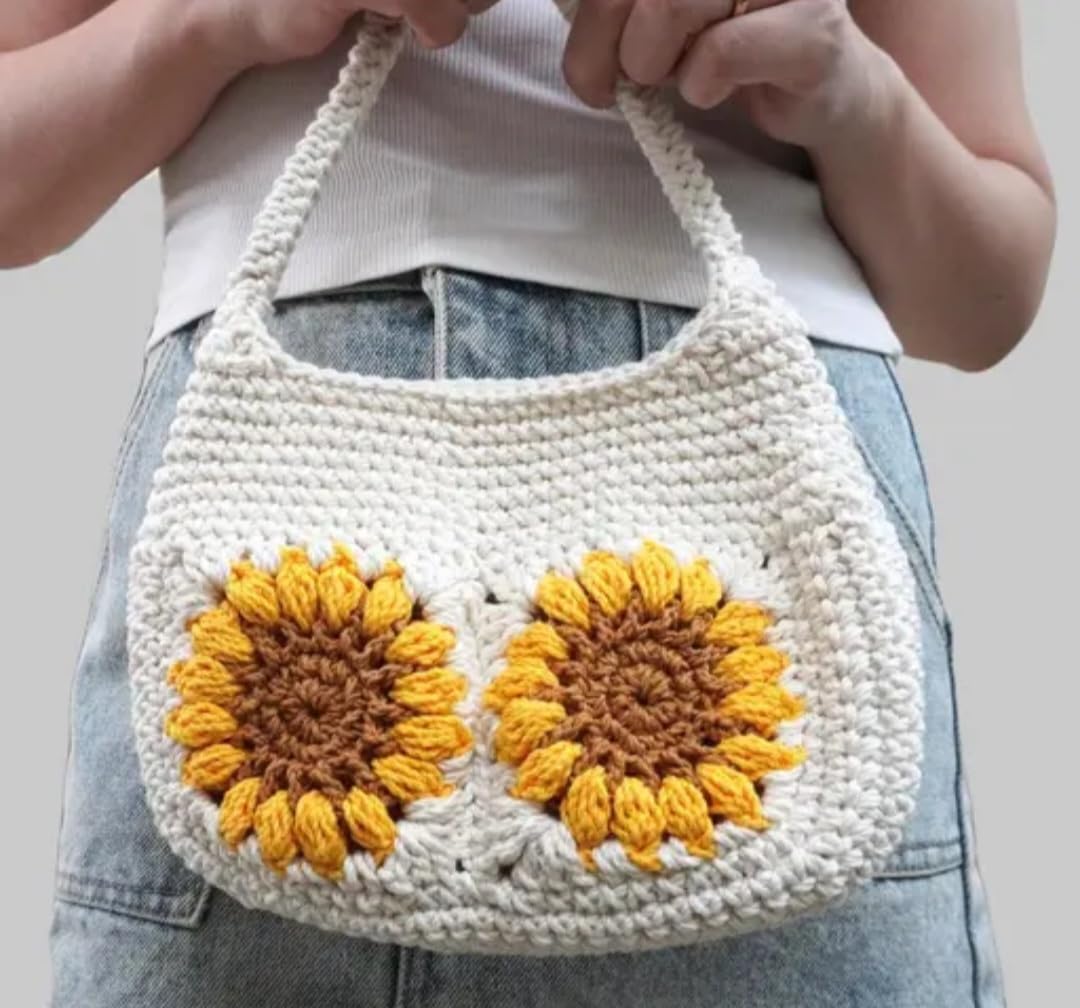 Crochet Sunflower Hobo Bag, Cream and Yellow, Handmade Knit Tote, Boho Style Shoulder Purse