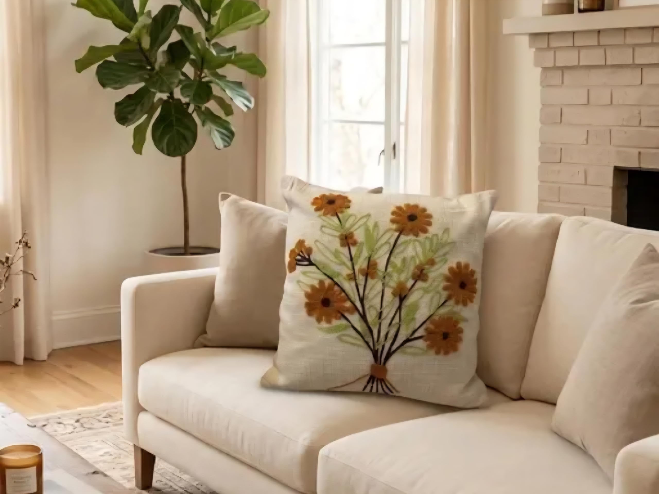 Handmade Floral Embroidered Throw Pillow Cover, Daisy Bouquet Design, Beige, Boho Living Room Decor