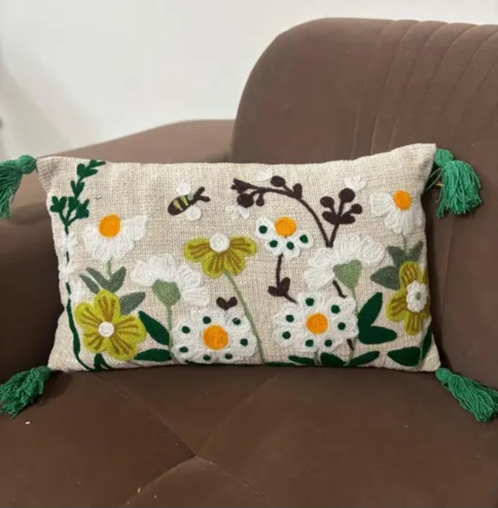 Floral Embroidered Lumbar Throw Pillow Cover with Green Tassels, Daisy and Bee Design, Boho Style