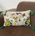 Floral Embroidered Lumbar Throw Pillow Cover with Green Tassels, Daisy and Bee Design, Boho Style