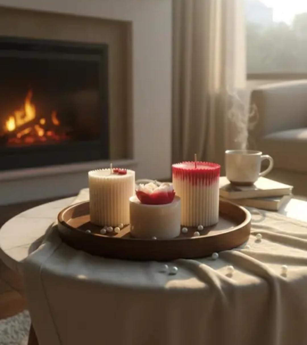 Decorative Wax Candle Set, Red and White, Heart Rose Design, Cupcake Style, Valentine Theme, Set of 3