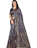 Traditional Banarasi Silk Saree, Navy Blue with Silver Floral Design, Handwoven Wedding Wear, Rich Border
