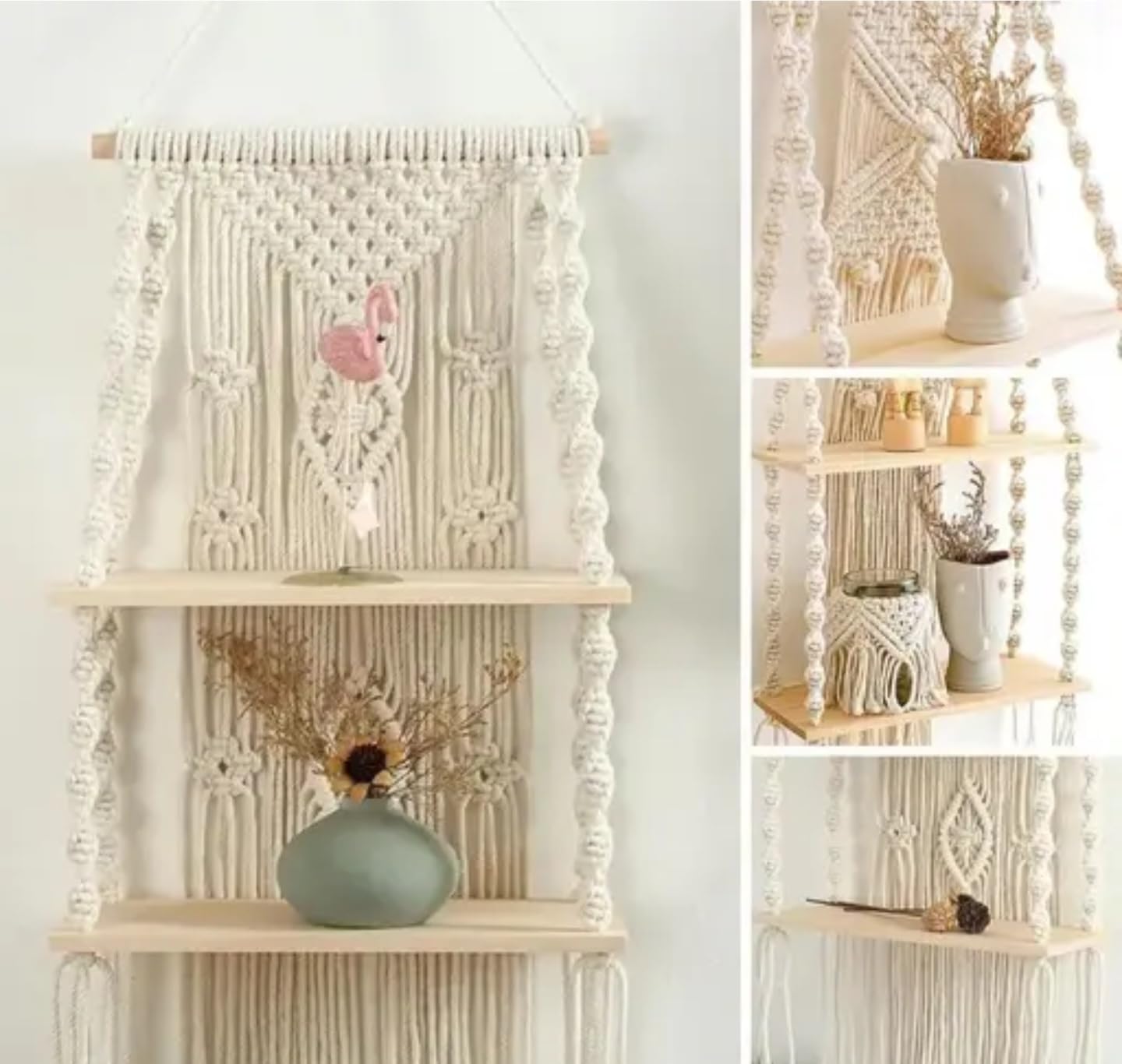 Macrame Wall Hanging with Floating Shelves, Boho Wall Decor with 2 Wood Shelves, Handwoven Cotton Rope, White