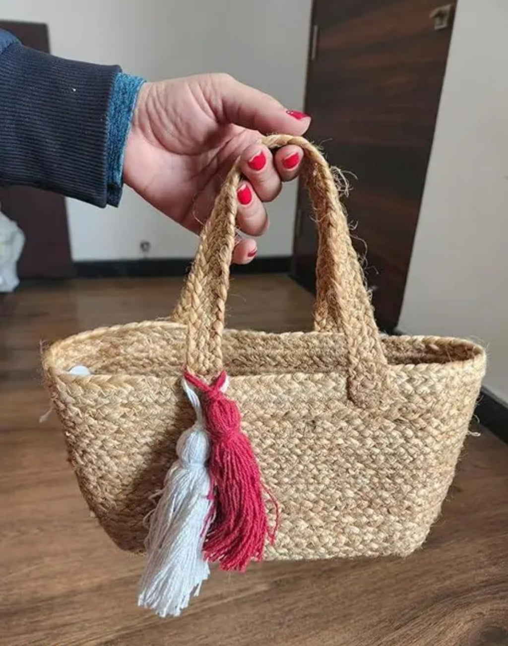 Natural Jute Woven Beach Tote Bag with Decorative Red and White Tassels, Handmade