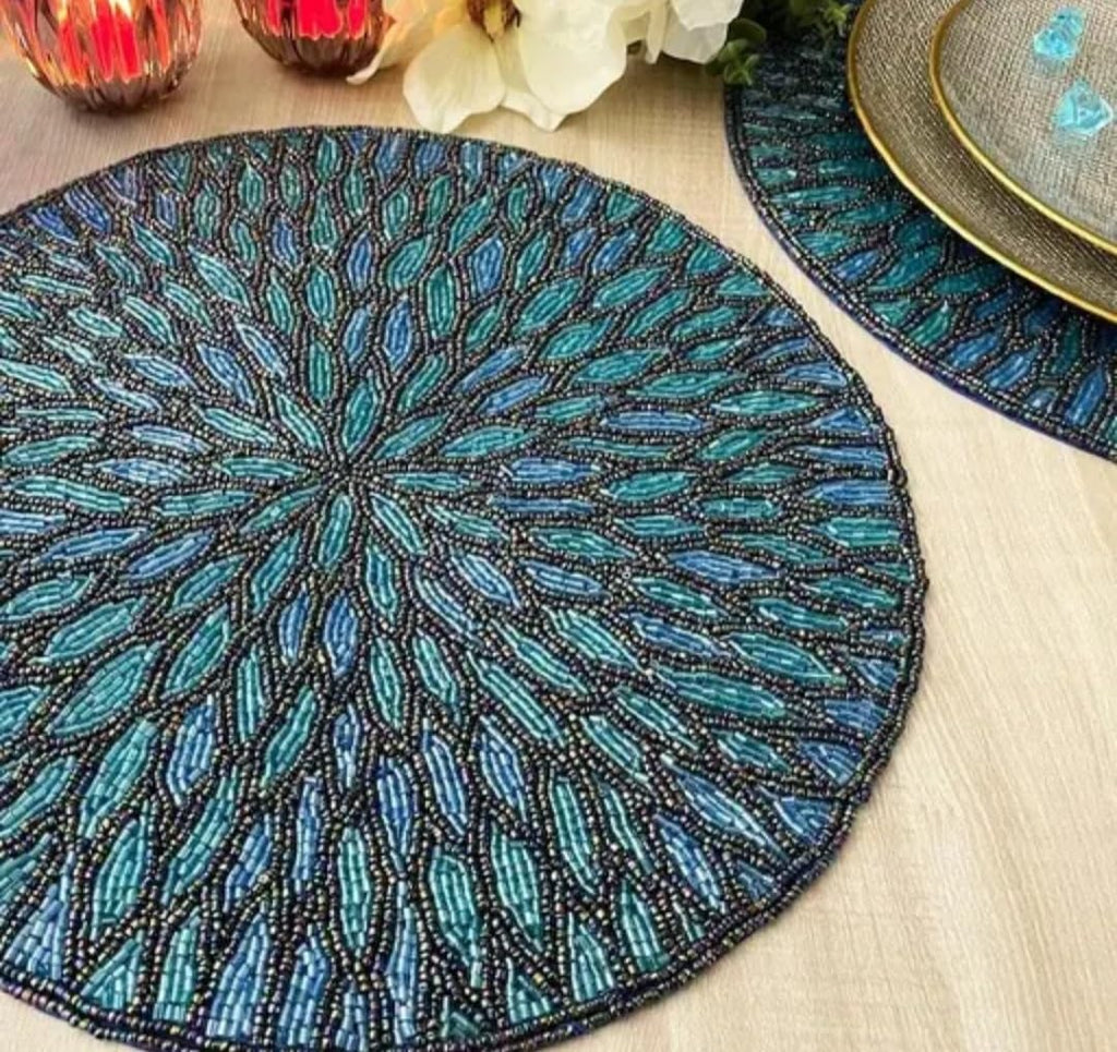 Round Beaded Placemat, Teal and Blue, Handcrafted Floral Burst Design, Decorative Table Mat