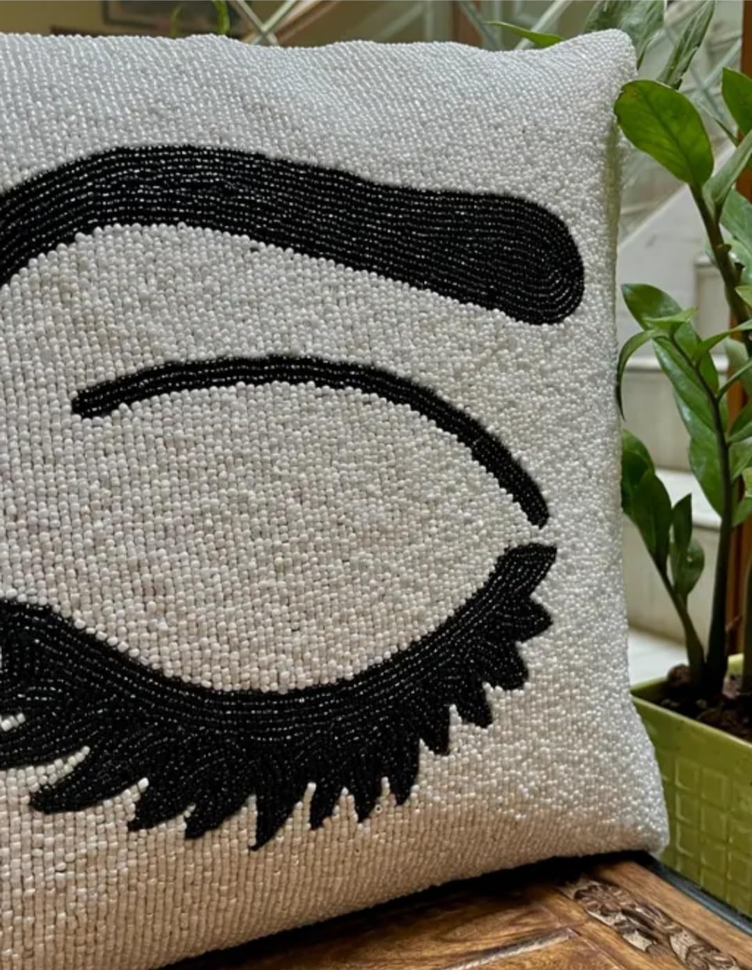Beaded Decorative Throw Pillow Cover, Gray with Black Eyelash Design, Square Cushion Cover