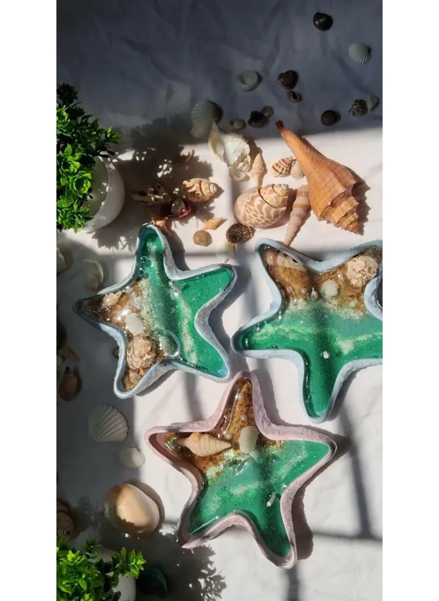 Decorative Starfish Tealight Candle Holder, Ceramic, Iridescent Blue-Green Finish