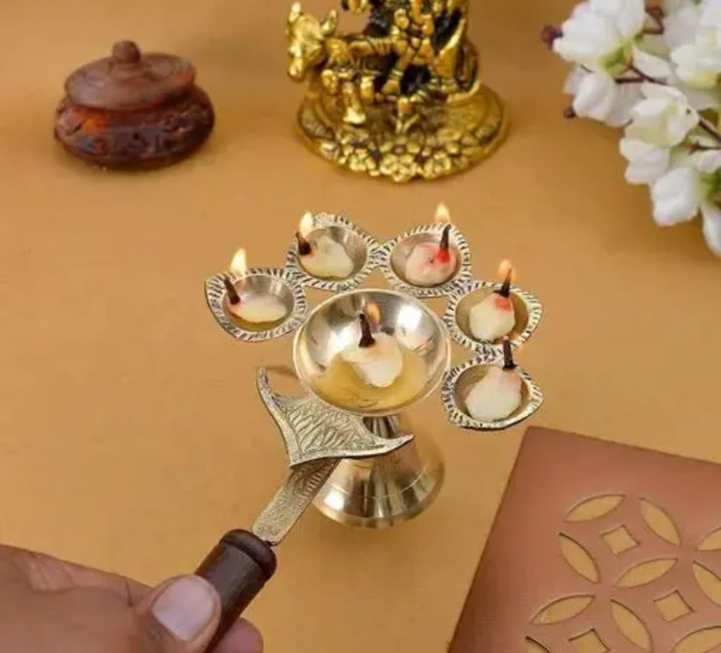 Traditional Brass Oil Lamp, 9-Wick Decorative Diya, Antique Gold, Metal Standing Design for Pooja, Religious Ceremonies