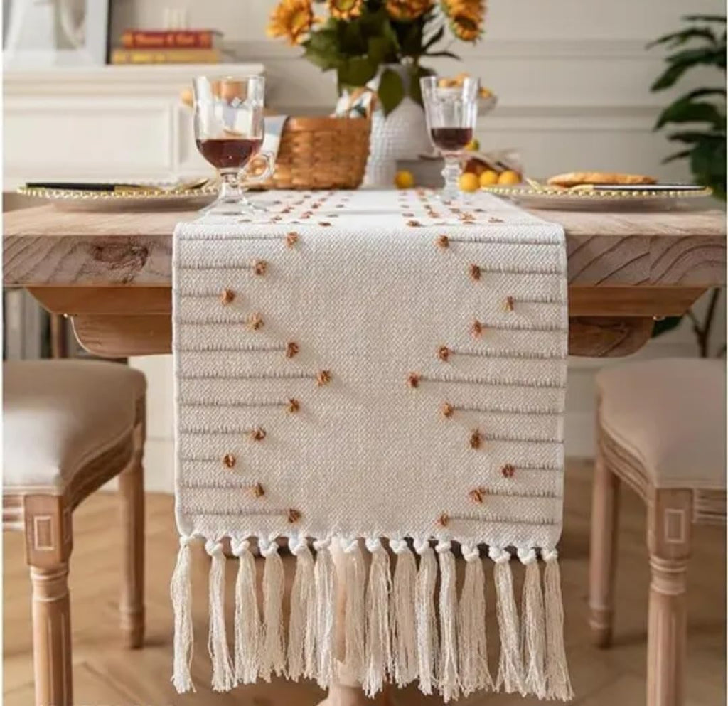 Boho Table Runner with Tassels, Woven Cotton, Neutral Beige, Dotted Texture, Farmhouse Dining Decor