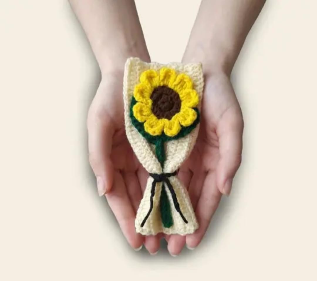 Crochet Sunflower Bouquet, Handmade Knit Floral Wrap, Yellow and Cream, Boho Gift Decor