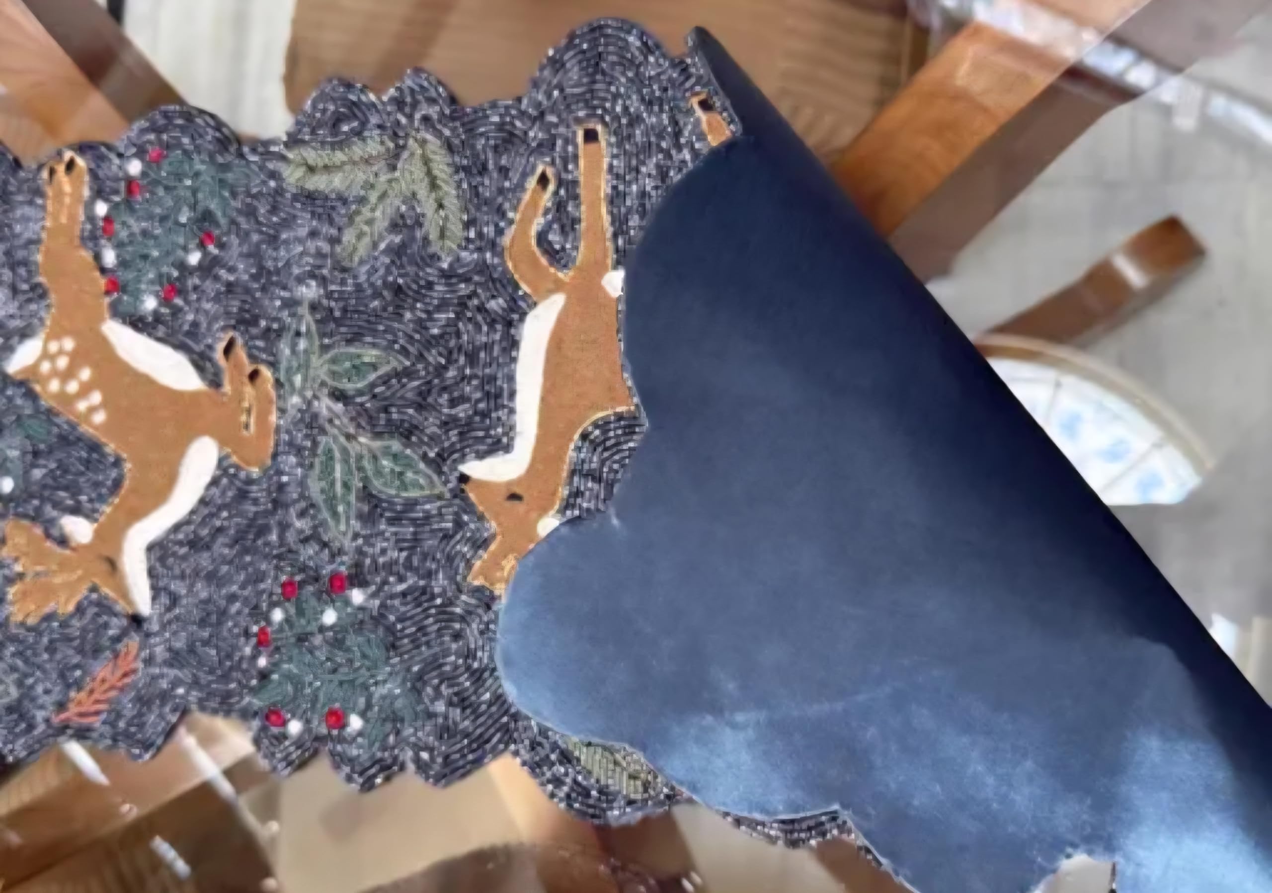 Beaded Table Runner with Deer and Forest Design, Dark Blue, Holiday Christmas Theme