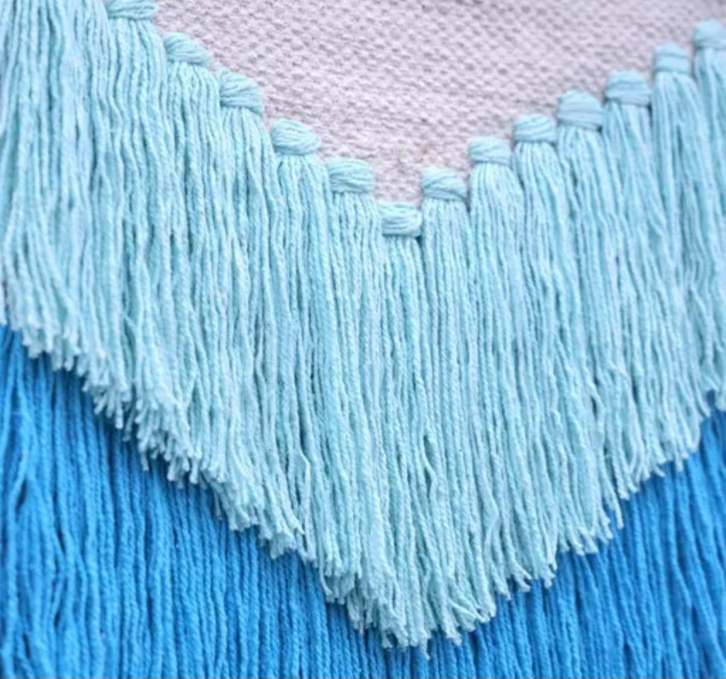 Boho Macrame Wall Hanging, Blue Ombre Fringe Tapestry, Woven Wall Decor