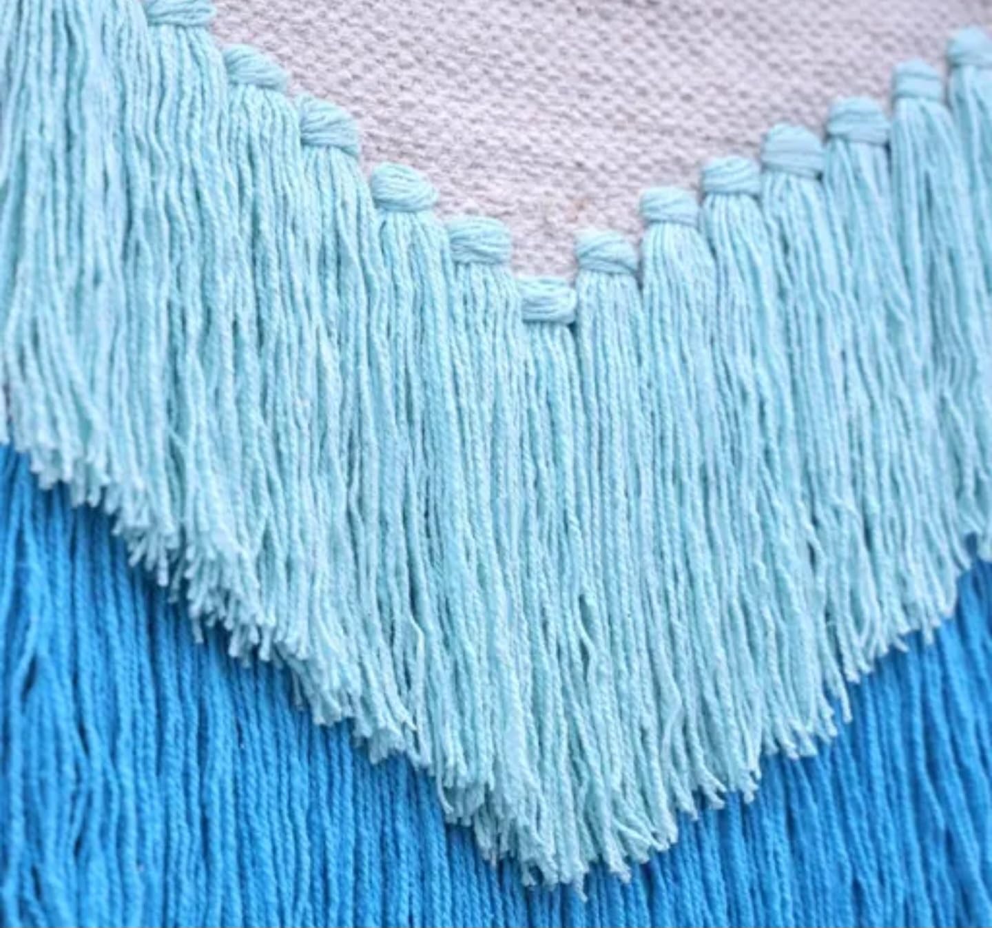Boho Macrame Wall Hanging, Blue Ombre Fringe Tapestry, Woven Wall Decor