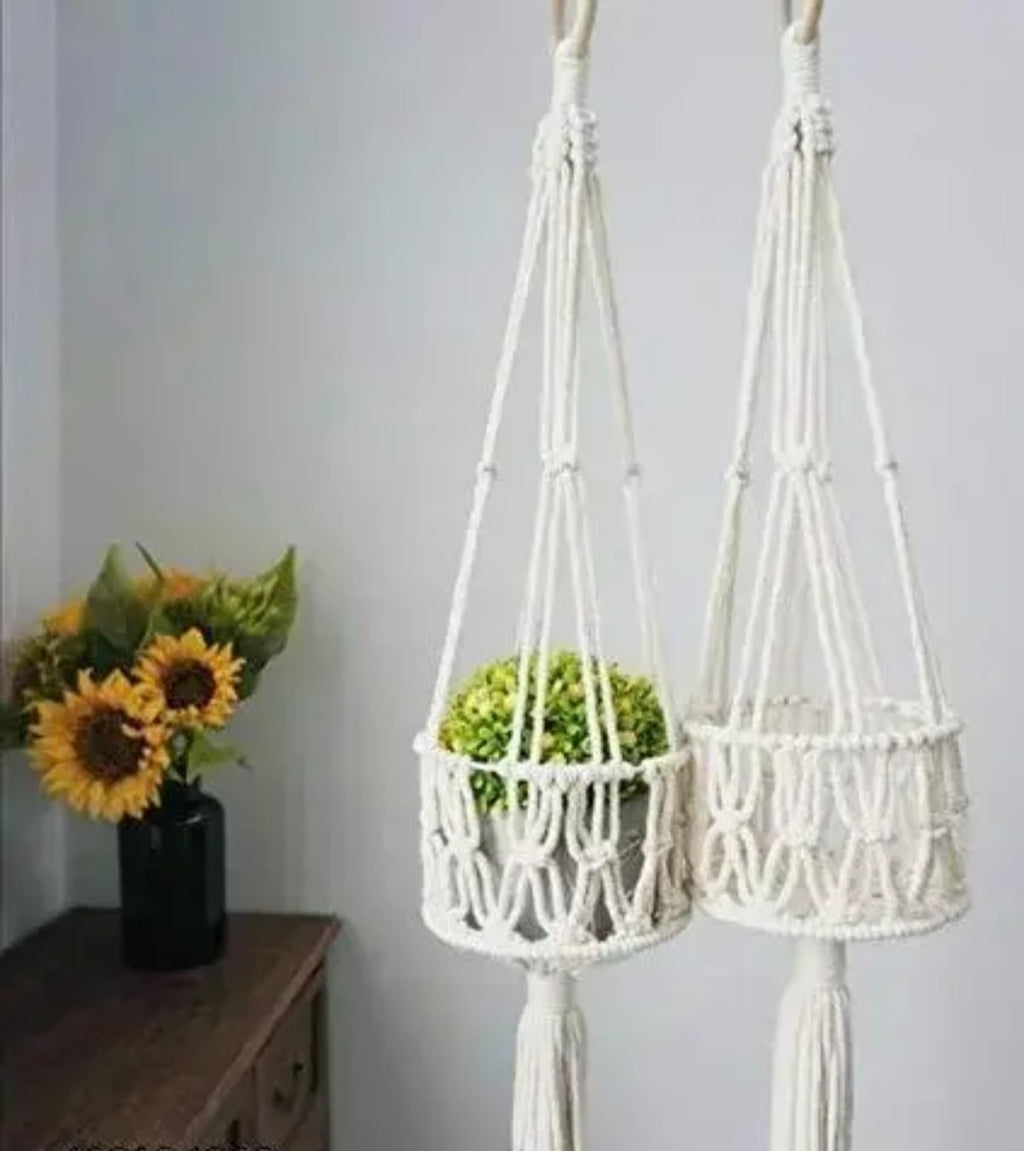 Macrame Plant Hangers, Set of 2, White Cotton Rope, Decorative Hanging Planters with Tassels