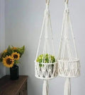 Macrame Plant Hangers, Set of 2, White Cotton Rope, Decorative Hanging Planters with Tassels