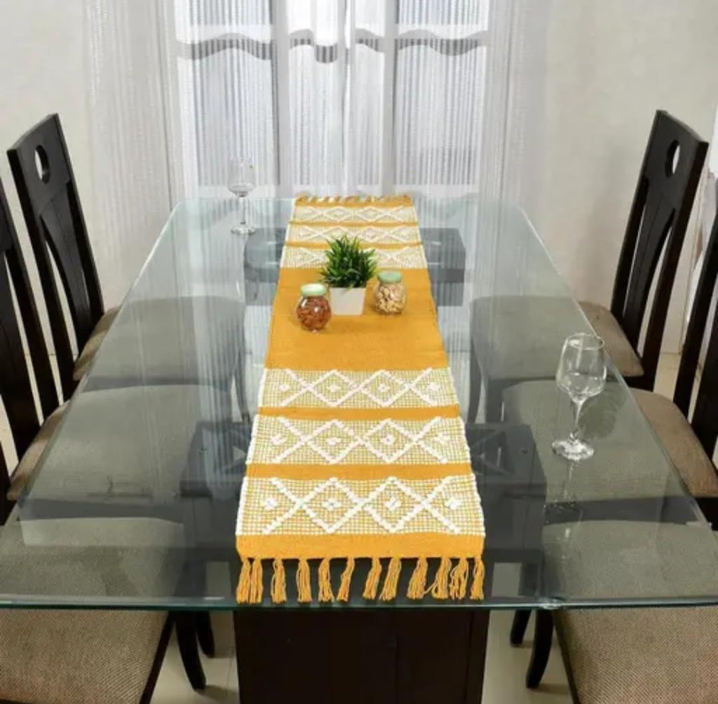 Table Runner with Tassels, Yellow and White Geometric Diamond Pattern, Cotton Woven