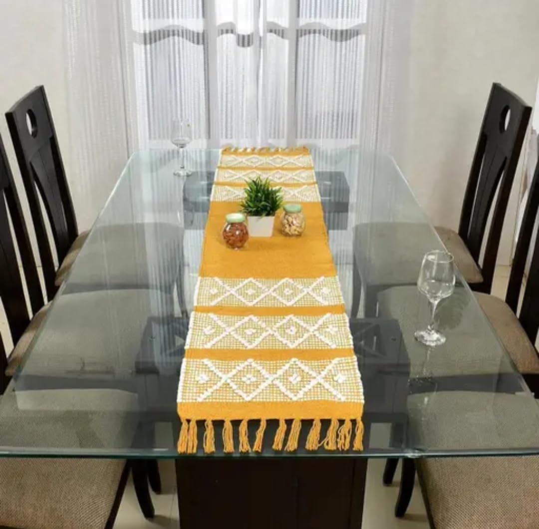 Table Runner with Tassels, Yellow and White Geometric Diamond Pattern, Cotton Woven
