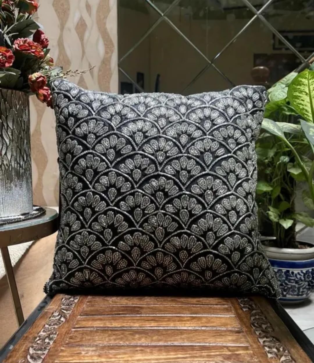 Decorative Throw Pillow Cover, Black and Silver, Beaded Embroidered Scallop Floral Pattern, Luxury Home Decor Cushion Cover, Handmade Cushion Cover