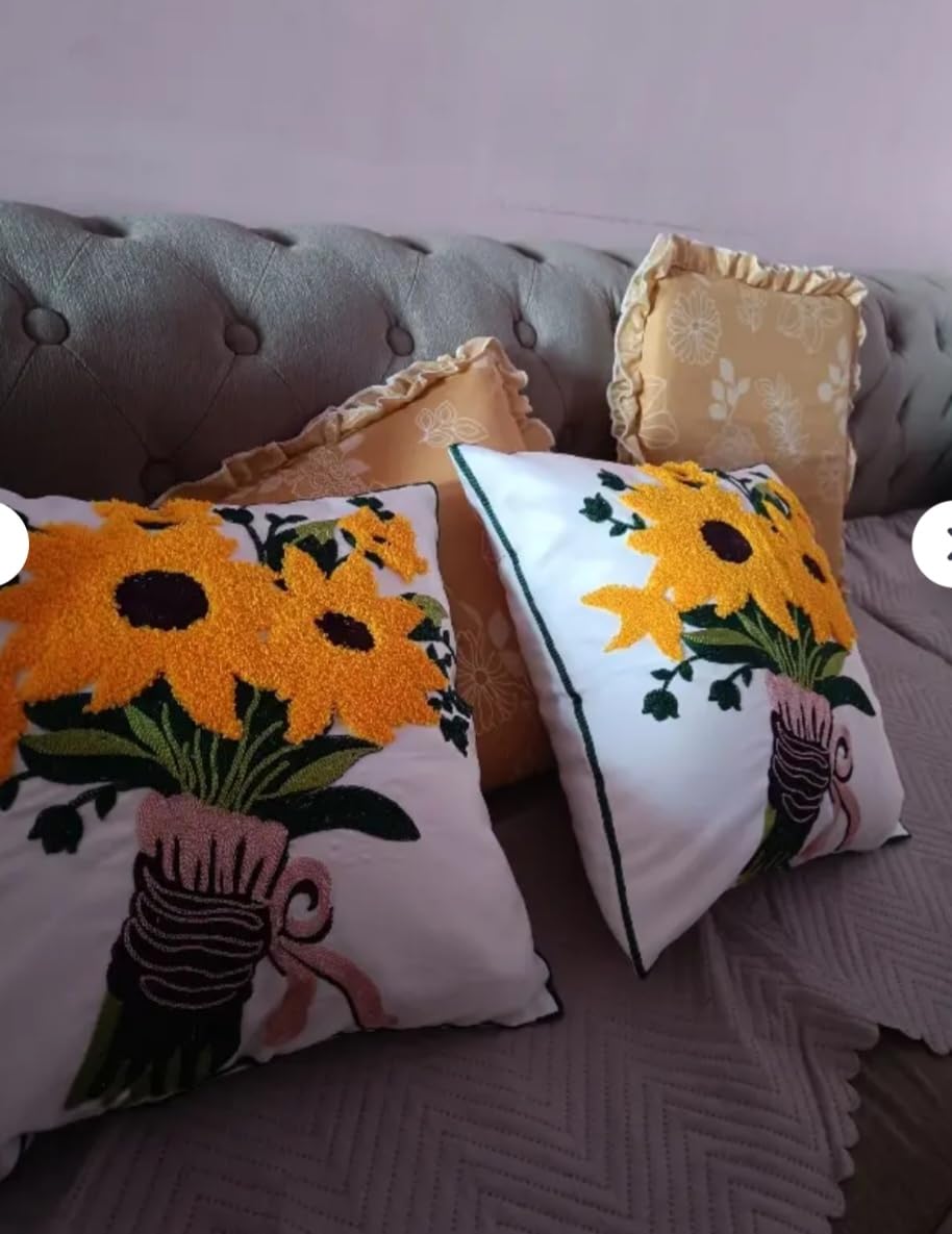 Sunflower Bouquet Embroidered Throw Pillow Covers, White, Floral, Set of 2