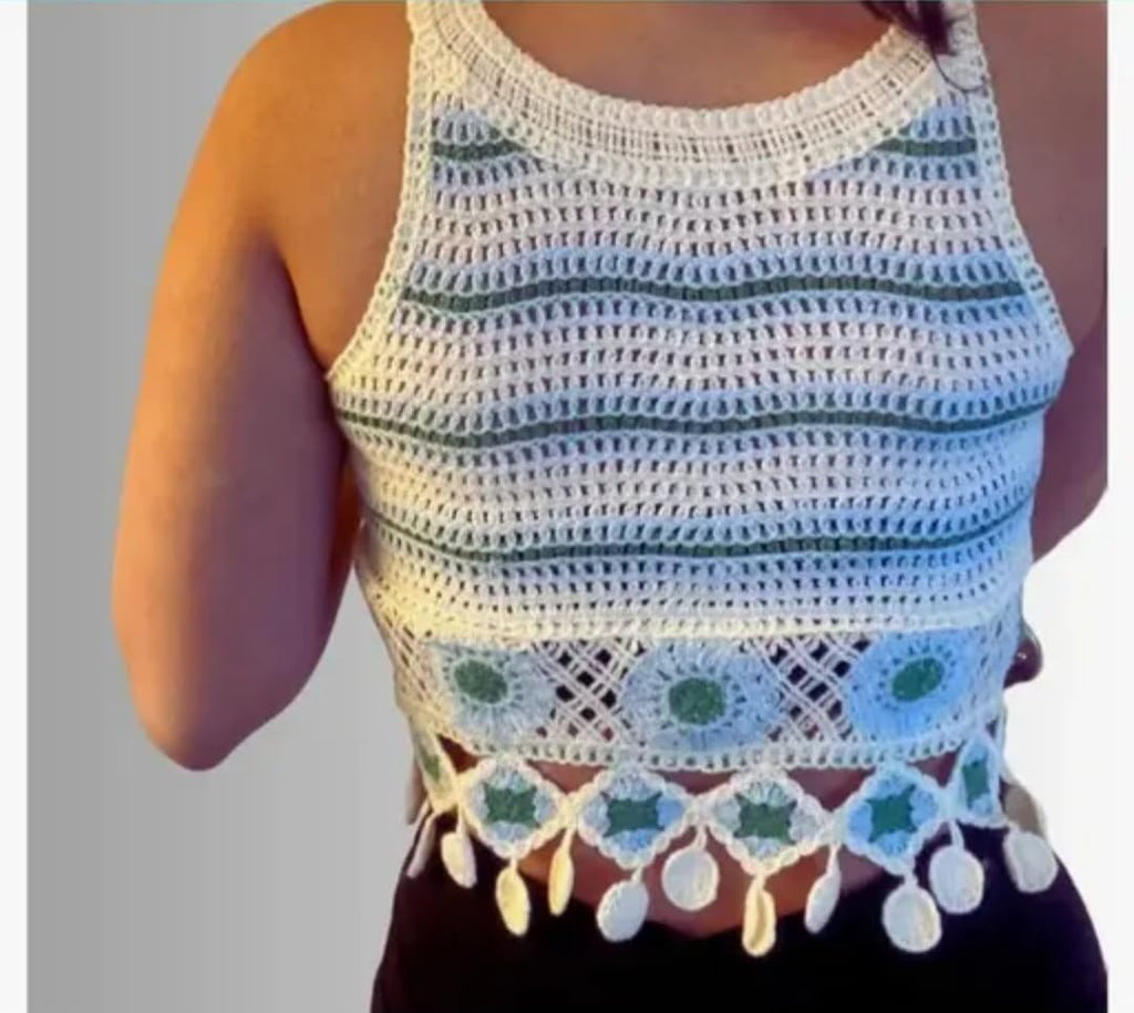 Crochet Handmade Crop Tank Top, Boho Wave Pattern with Tassel Hem, Blue and Green