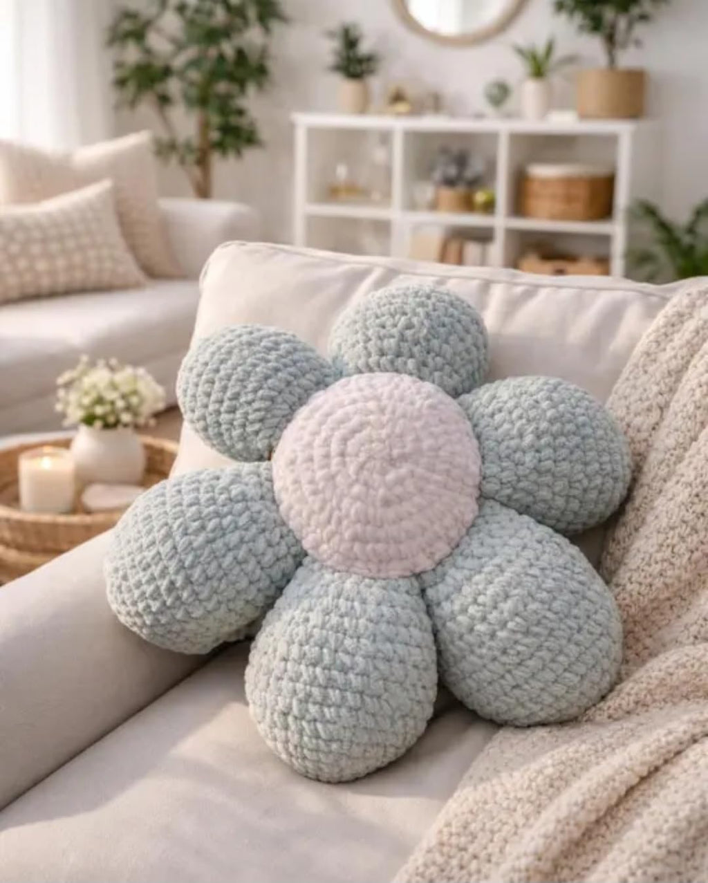Flower Shape Throw Pillow, Soft Chunky Knit, Light Blue with Pink Center, Decorative Bedroom Accent