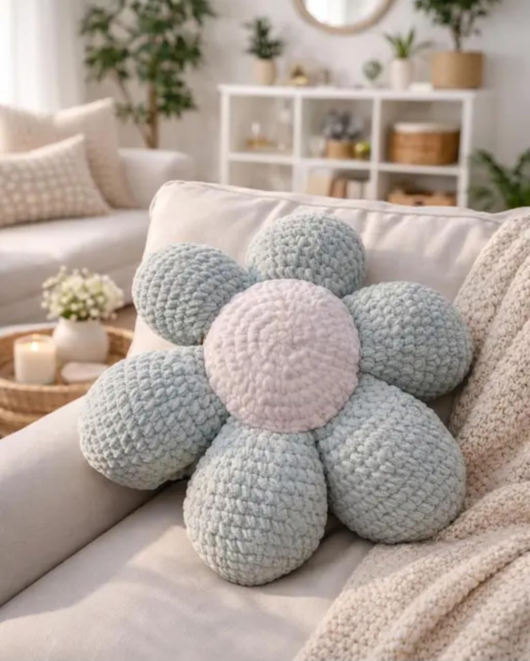 Flower Shape Throw Pillow, Soft Chunky Knit, Light Blue with Pink Center, Decorative Bedroom Accent