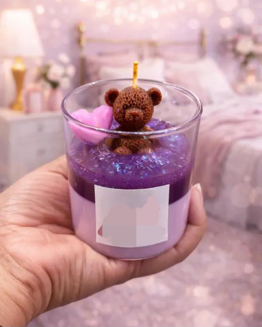 Decorative Candle with Teddy Bear, Purple Gel Wax, Pink Heart, Glass Container, Cute Home Decor
