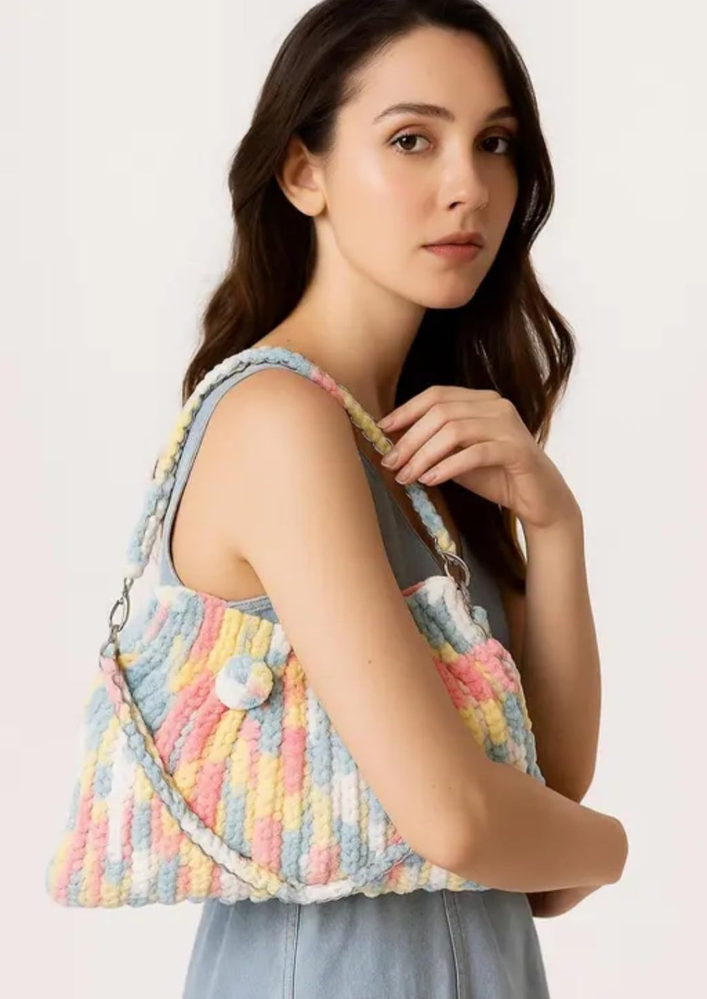 Pastel Multicolor Knit Tote Bag, Chunky Yarn Hobo Handbag with Chain Strap, Striped Crochet Style