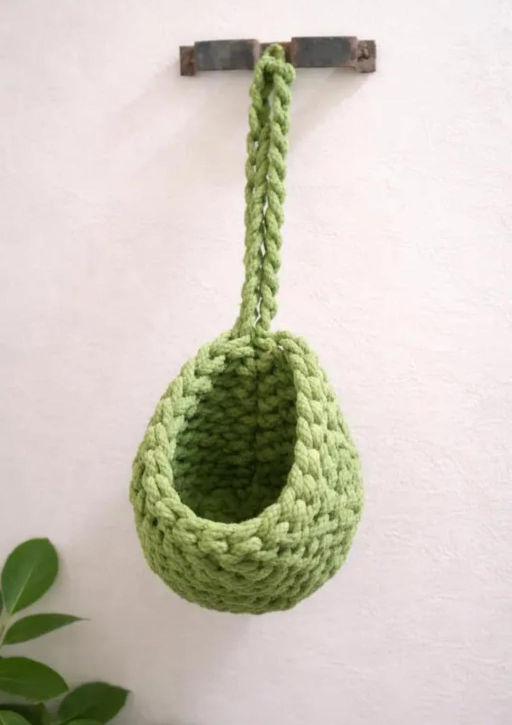 Handmade Crochet Hanging Basket, Green, Cotton Rope, Wall Mounted Storage Planter