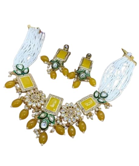 Handcrafted Traditional Indian Necklace Set, Yellow and Green Enamel with Pearl Beads, Gold-Plated Kundan Style Jewelry