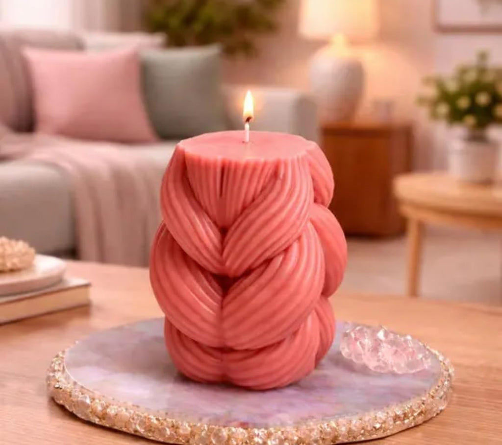 Braided Knot Candle, Coral Pink, Decorative Pillar Candle, Modern Home Decor