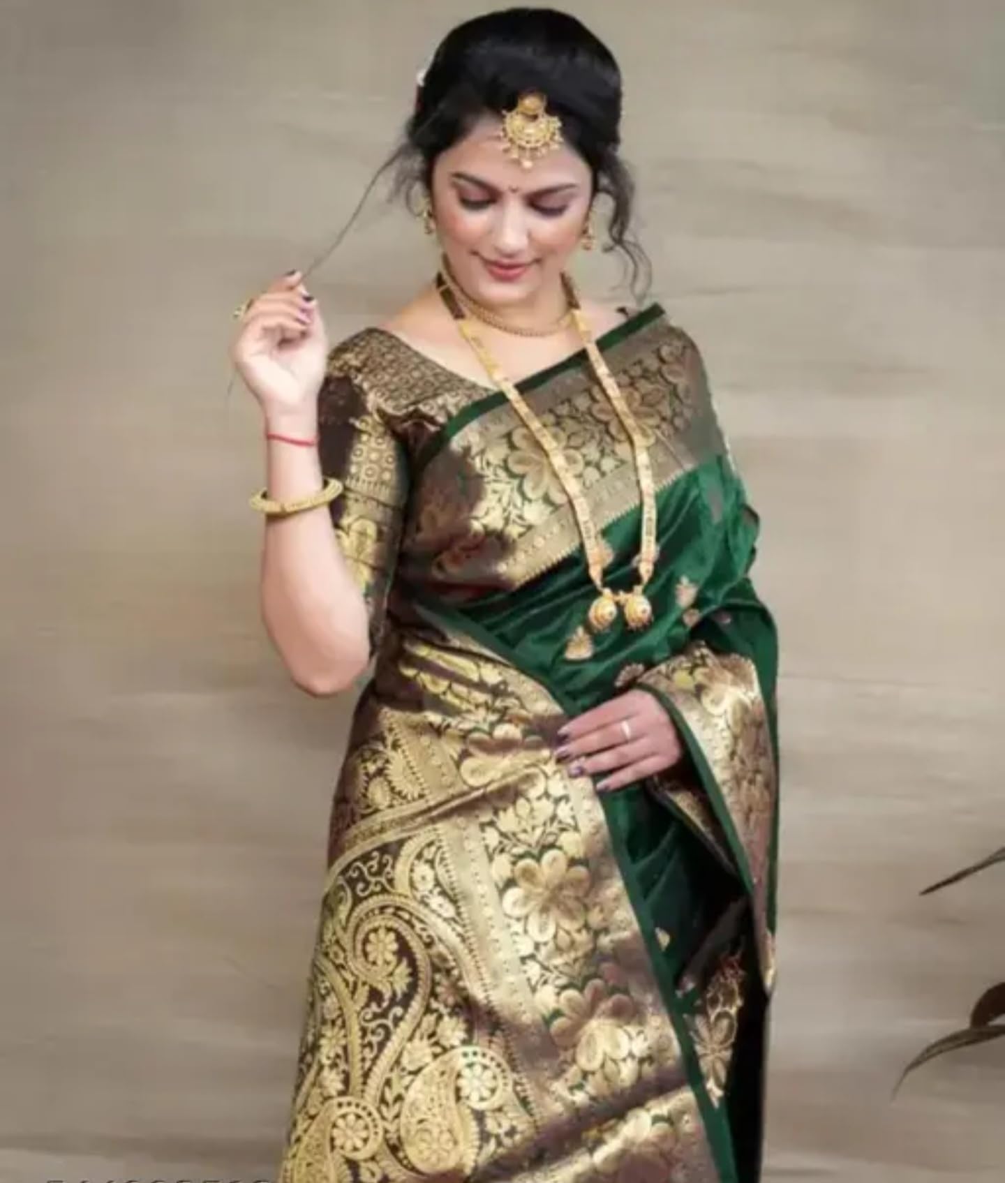 Traditional Silk Banarasi Saree, Emerald Green and Gold, Floral Brocade Pattern, Formal Occasion Wear