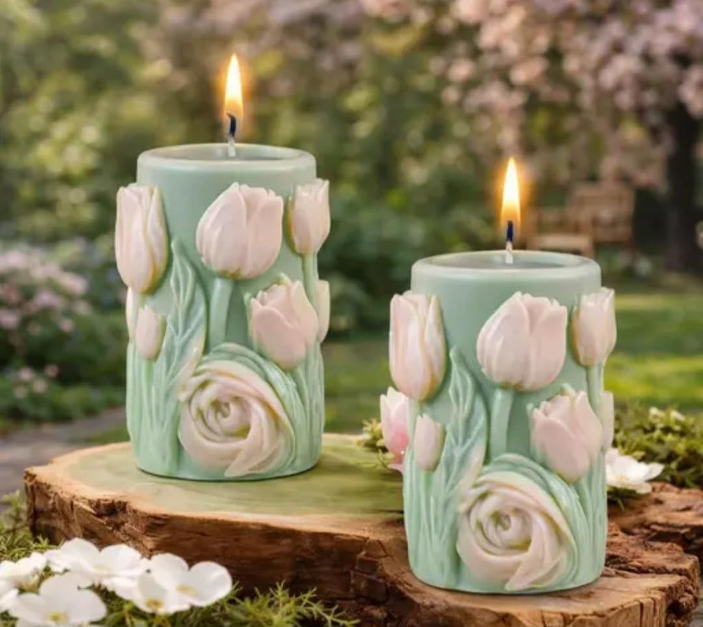 Decorative Pillar Candles with Tulip and Rose Design, Mint Green, Set of 2, Floral Spring Theme