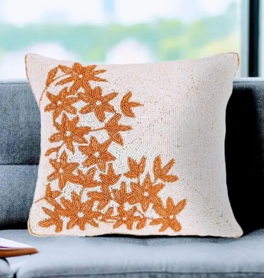 Floral Embroidered Throw Pillow Cover, Cream and Orange, Beaded Flower Design Hand-Crafted, Decorative Cushion Cover