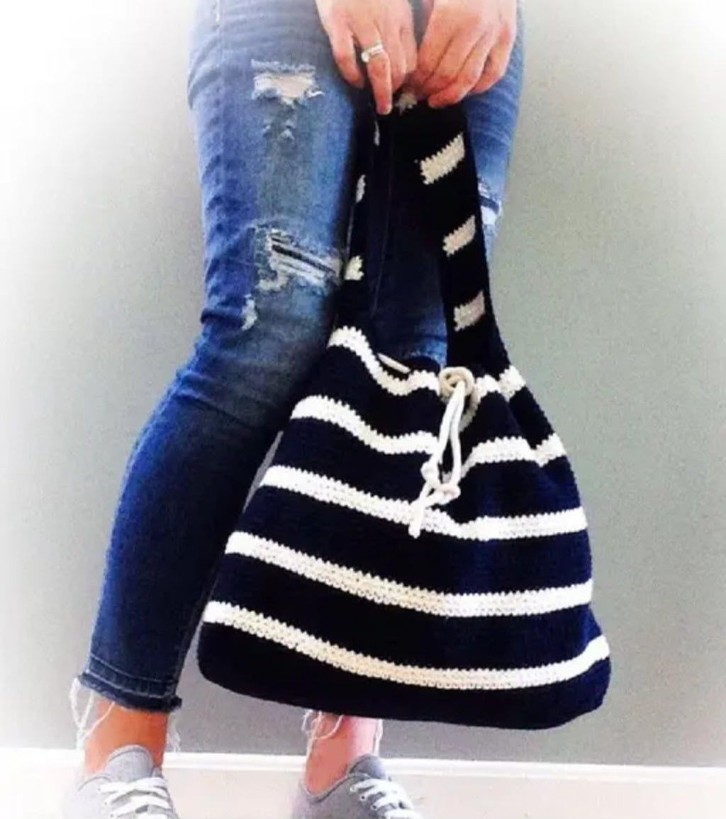 Crochet Tote Bag, Navy Blue and Cream Striped, Knit Beach Bag with Drawstring Closure