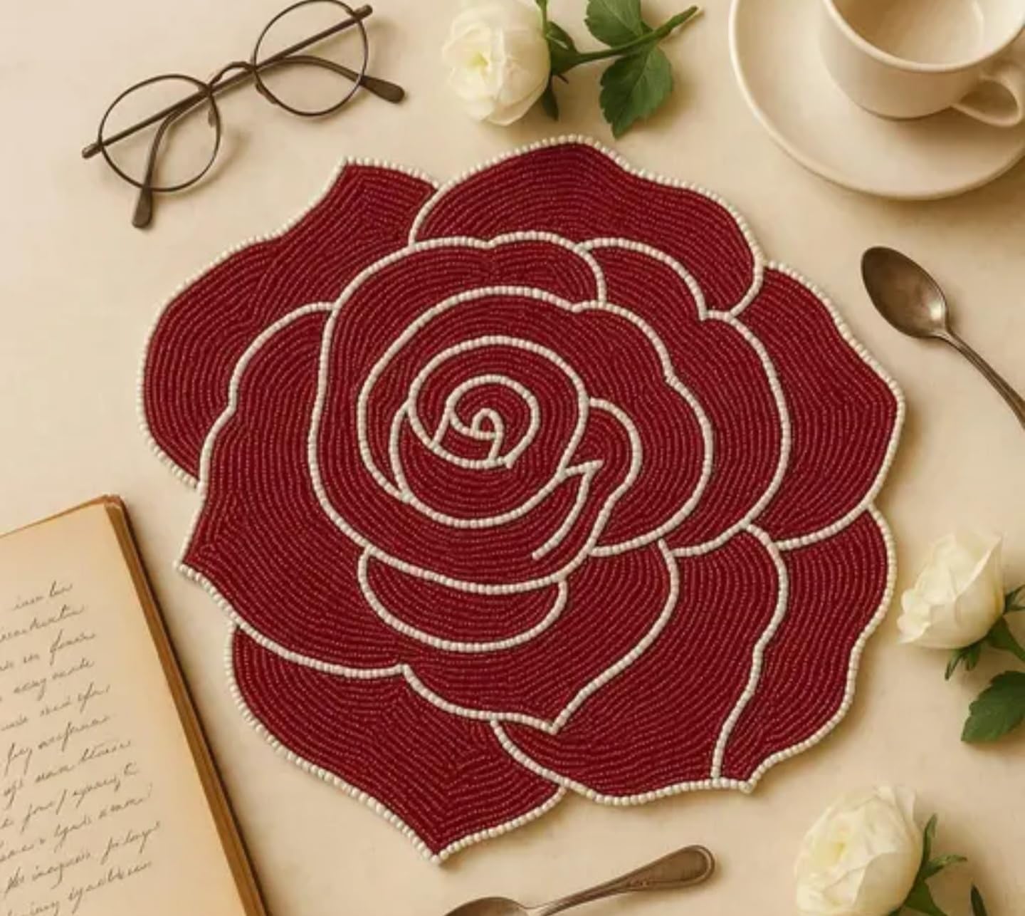 Rose Shaped Handmade Placemat, Red with White Trim, Beaded Design, Table Decor