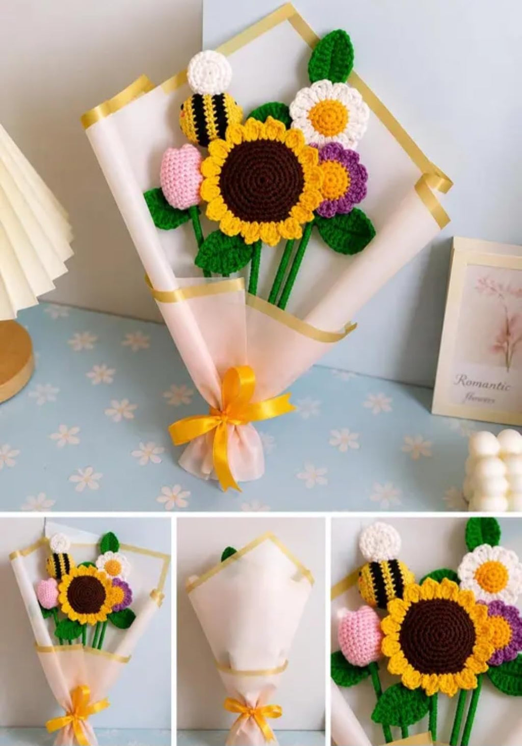 Handmade Crochet Flower Bouquet with Sunflower, Bee, and Mixed Blooms, Yellow Ribbon Wrap