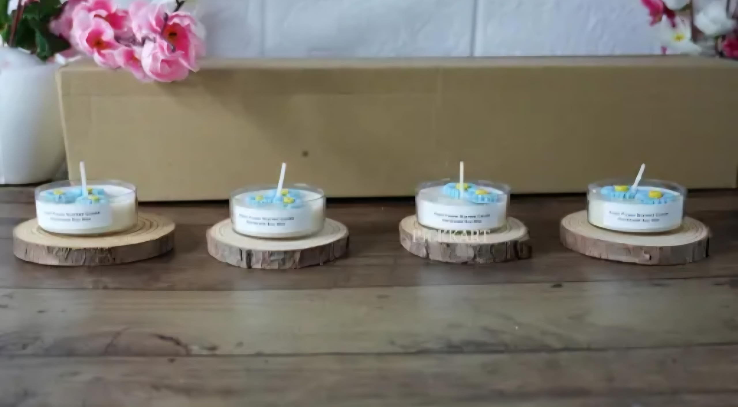 Daisy Flower Botanical Candle, Blue and White, Handmade Floral Design, Set of 4