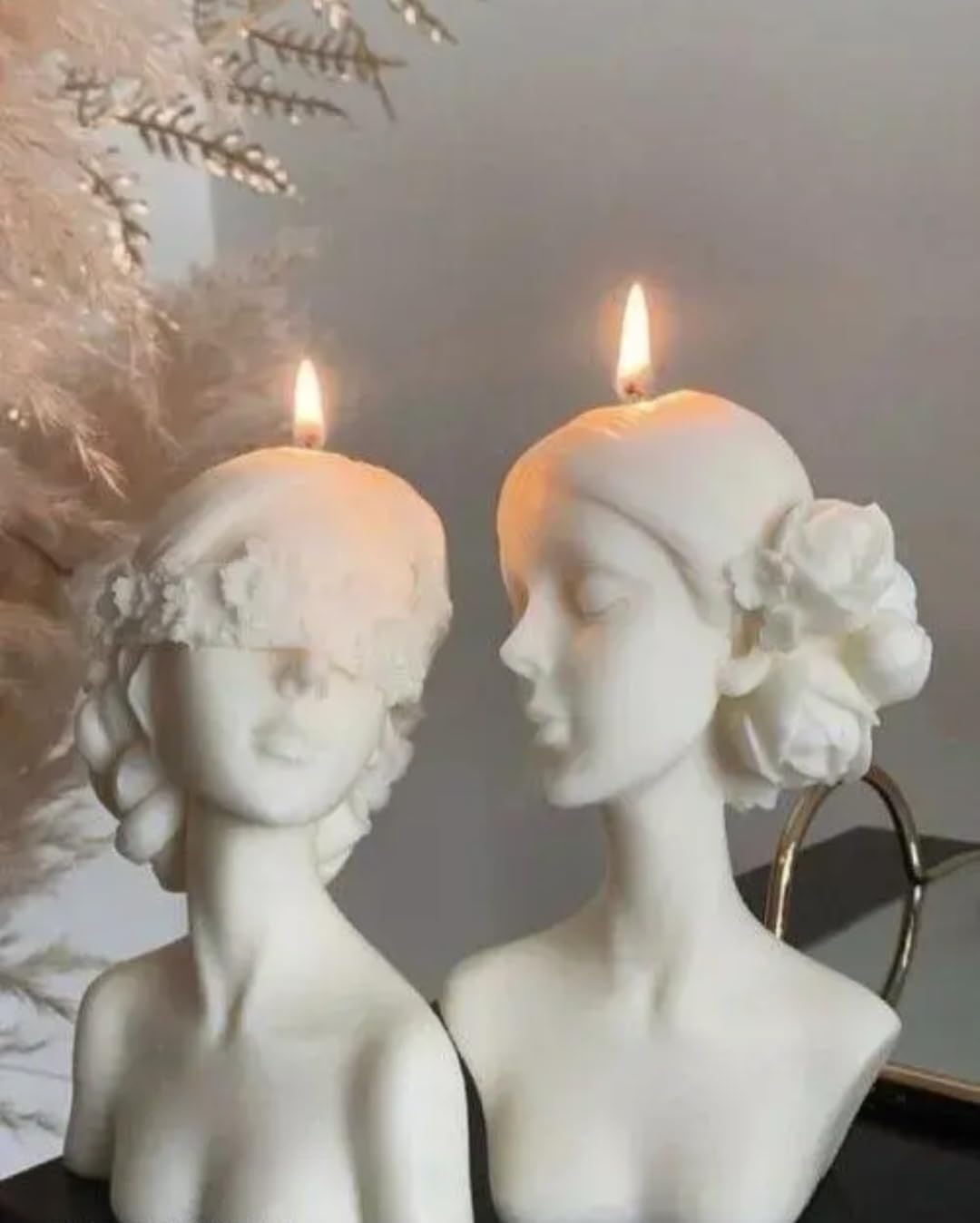 Decorative Female Bust Candles, White Ceramic, Set of 2, Floral Design, Mother's Day Gift, Birthday Gift