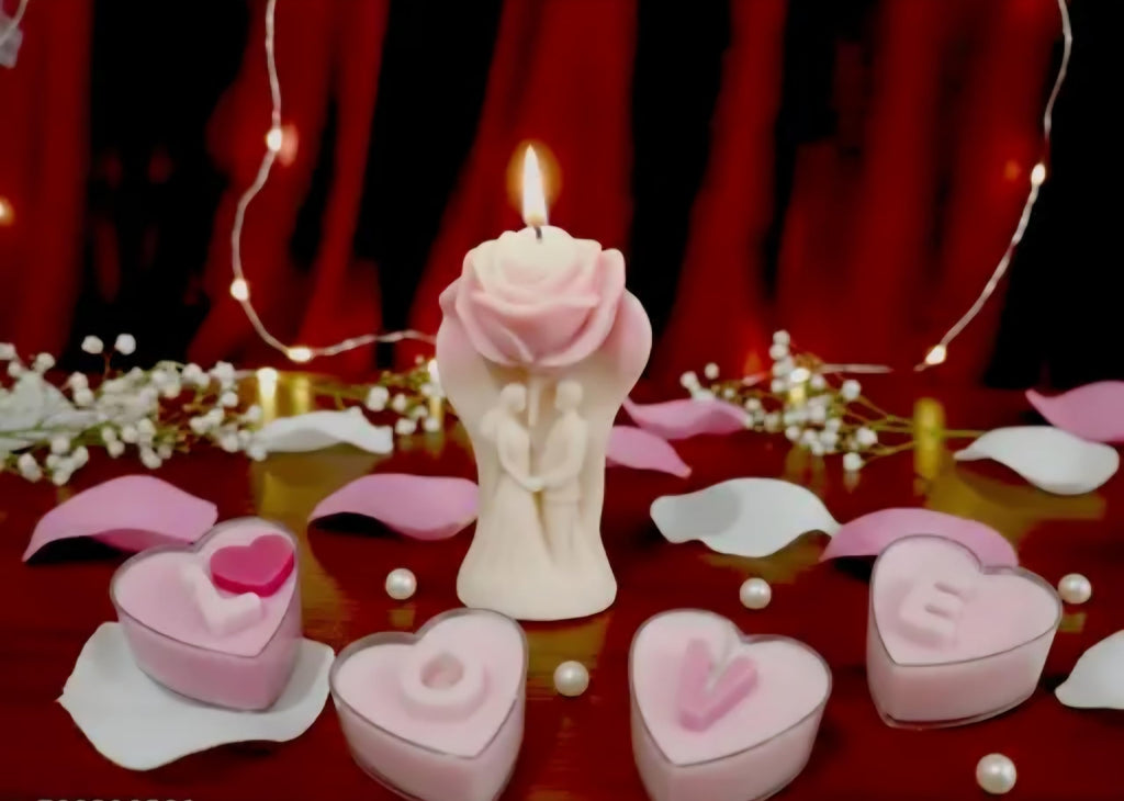 Decorative Candle Set, Rose Hand Holding Flower with Heart-Shaped Tea Lights, Pink and White, Romantic Theme
