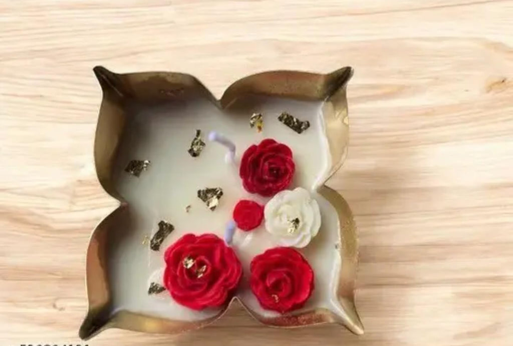 Decorative Soy Wax Candle with Red and White Rose Design, Gold Flakes, White Bowl