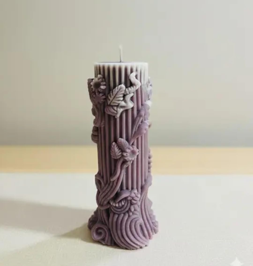 Decorative Pillar Candle, Purple, Floral Botanical Design, Textured Ridged Surface