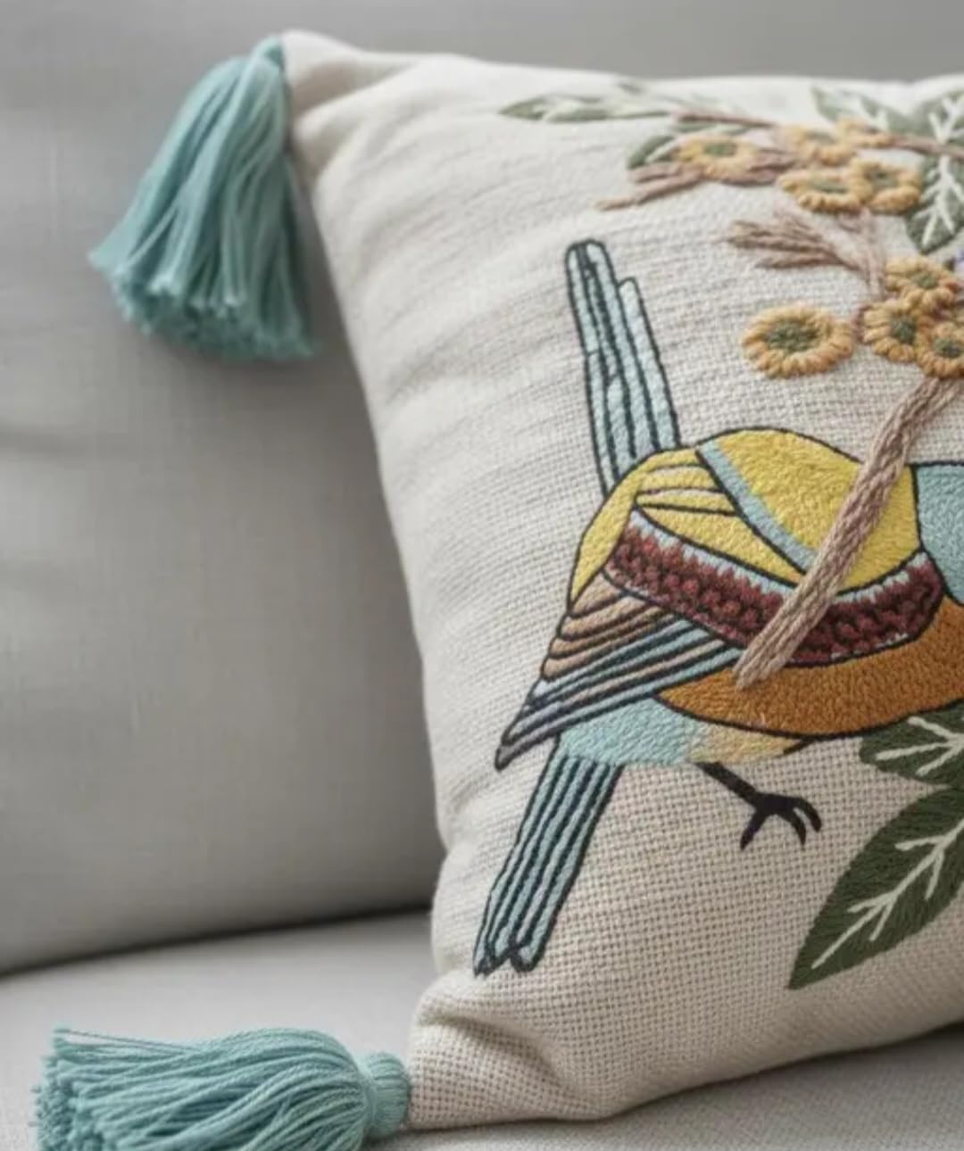 Handmade Embroidered Bird and Floral Throw Pillow Cover, Beige, with Teal Tassels, Boho Style