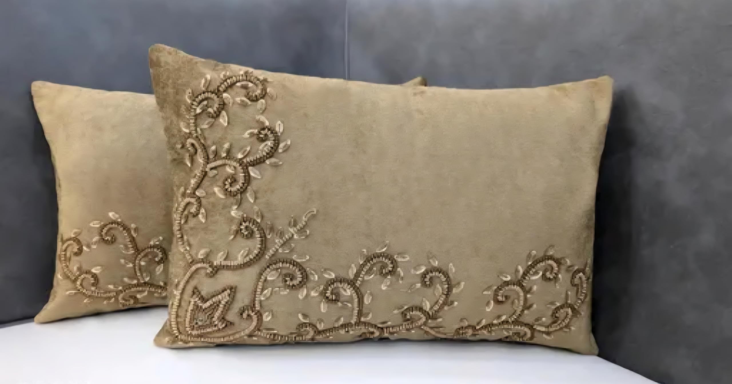 Handmade Velvet Lumbar Throw Pillow Cover, Beige, Embroidered Floral Scroll Design, Decorative Cushion Cover, Set of 2