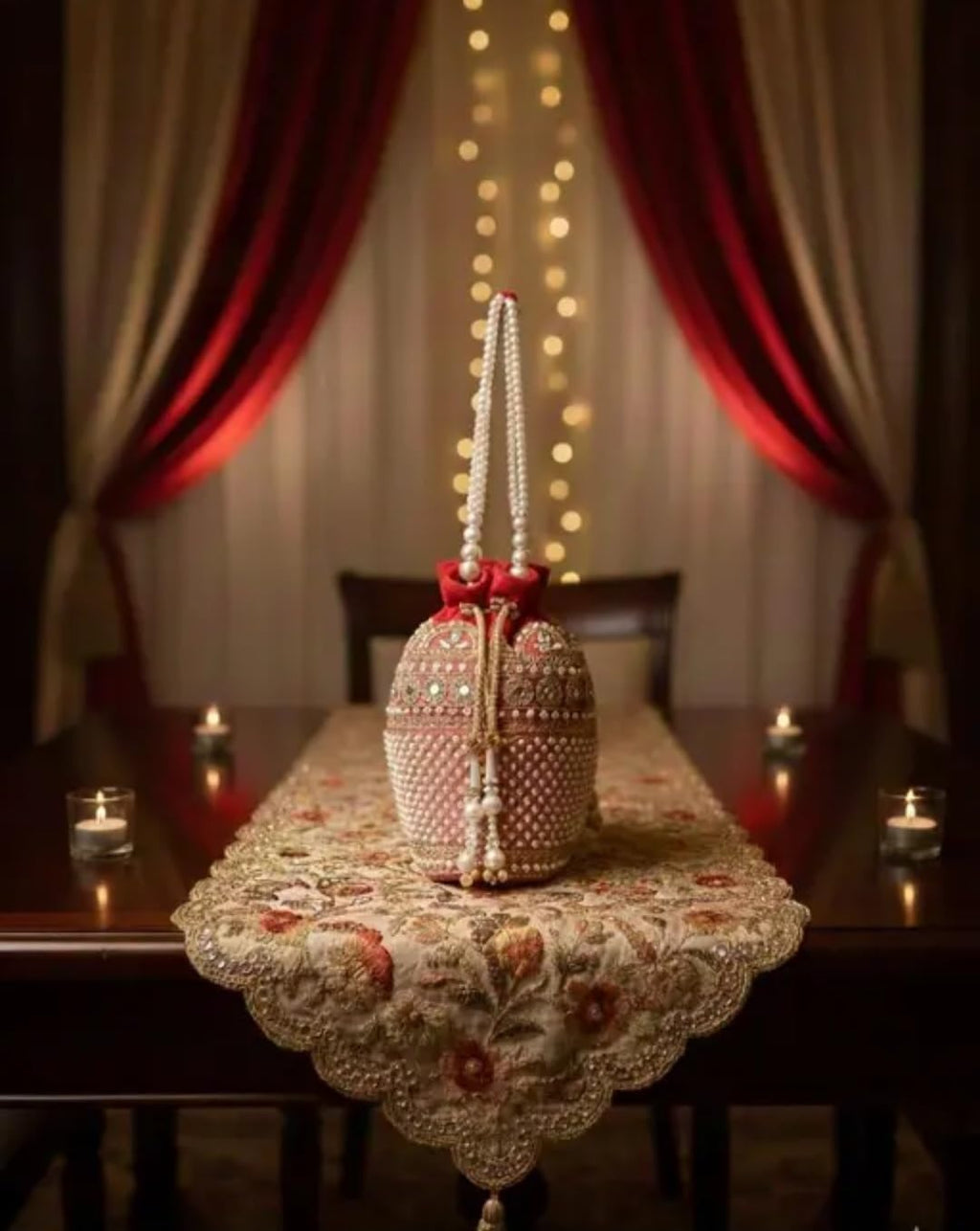 Embroidered Potlie Bag, Red and Gold, Pearl Handle, Bridal Clutch for Wedding