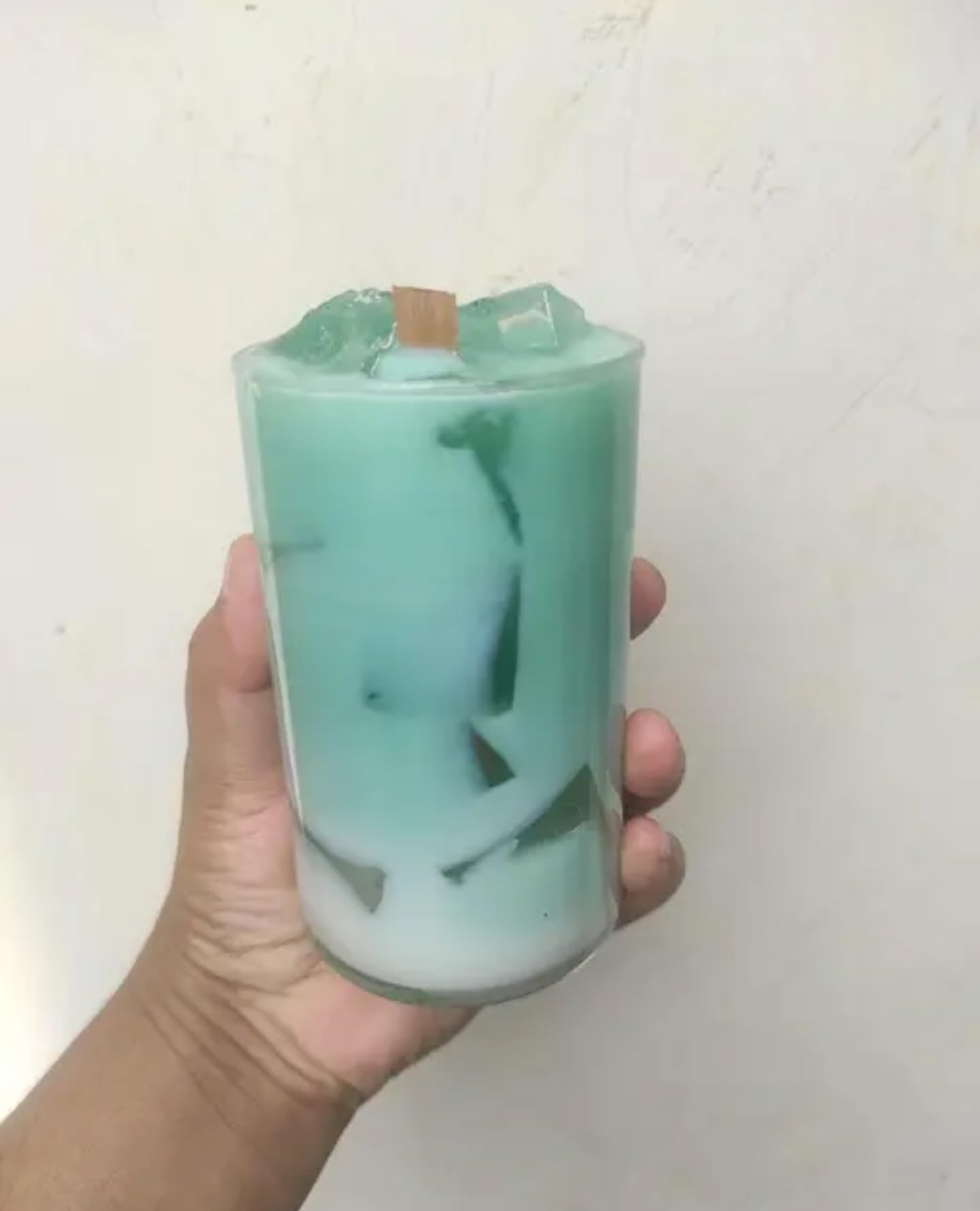 Handcrafted Wooden Wick Soy Candle, Mint Green Ombre, Large Pillar Style, Natural Scented with Layered Design