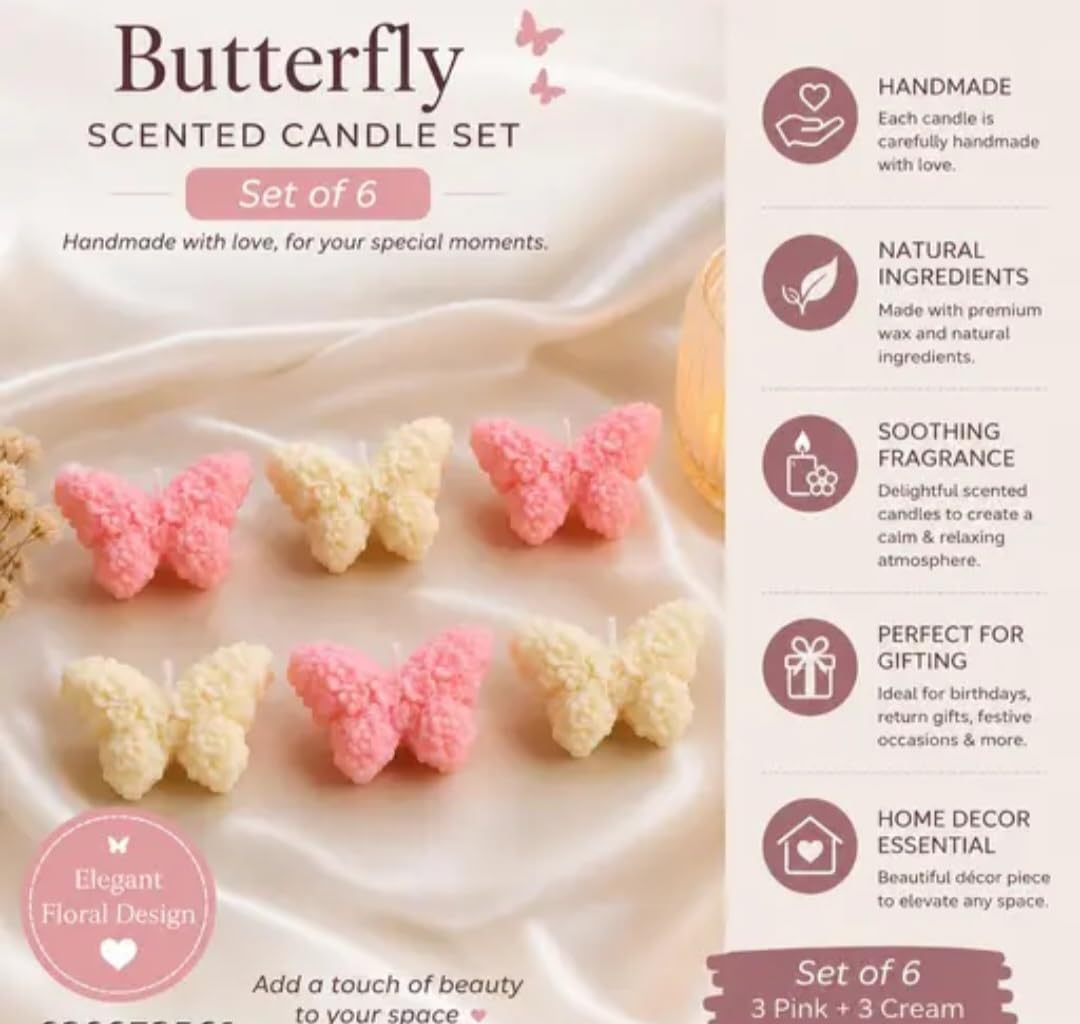 Butterfly Scented Candle Set of 6, Handmade, Natural Ingredients, Floral Design, Pink and Cream, Perfect for Gifting