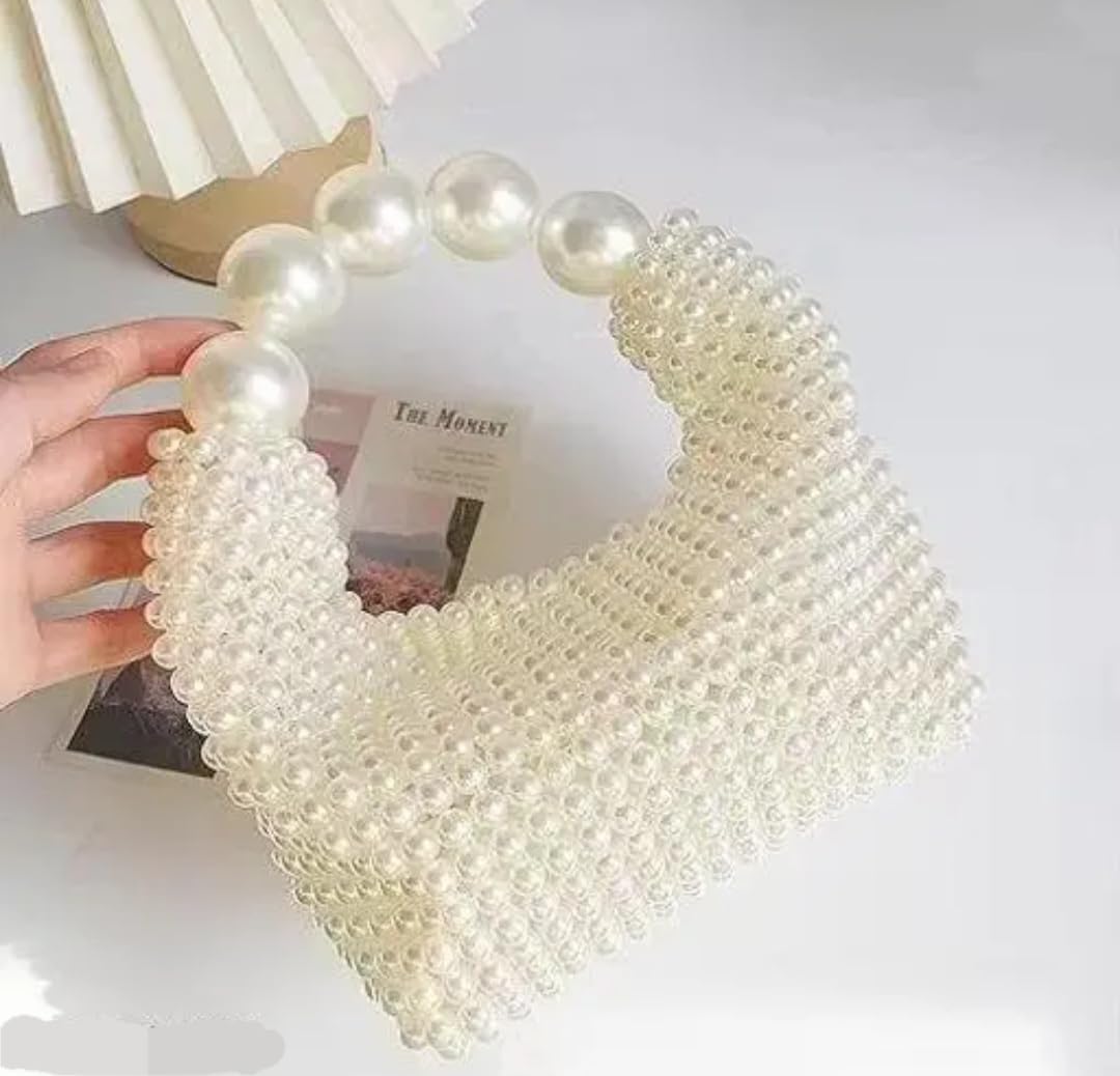 Pearl Beaded Handbag, White, Elegant Clutch Purse, Handcrafted Tote Bag for Women