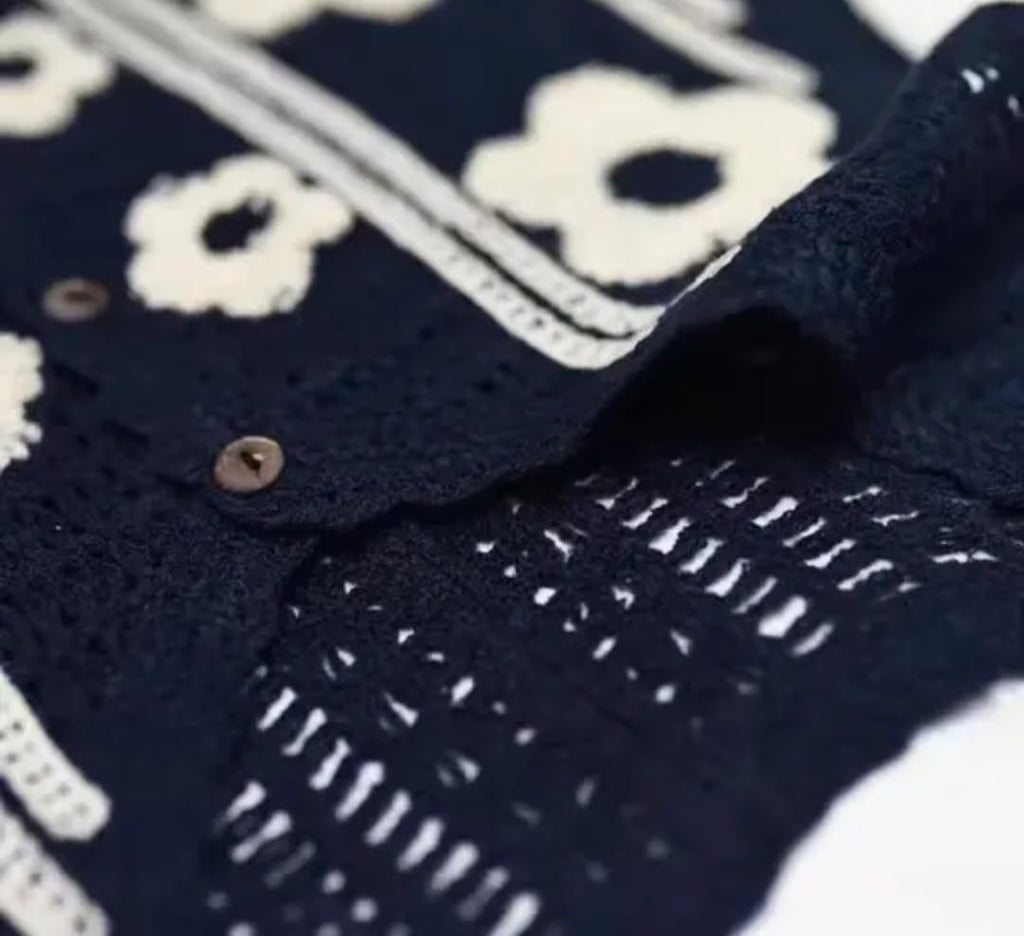Women's Black Knit Vest, Floral Applique, Button-Front, Sleeveless Cropped Cardigan, Handmade top