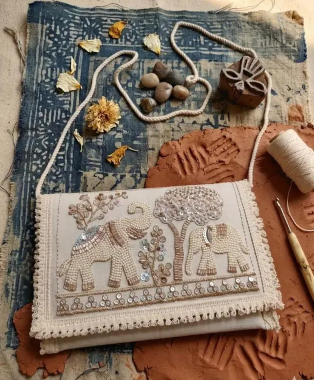 Ivory Clutch Bag with Elephant Embroidery, Beaded Sequin Crossbody Purse, Boho Ethnic Style